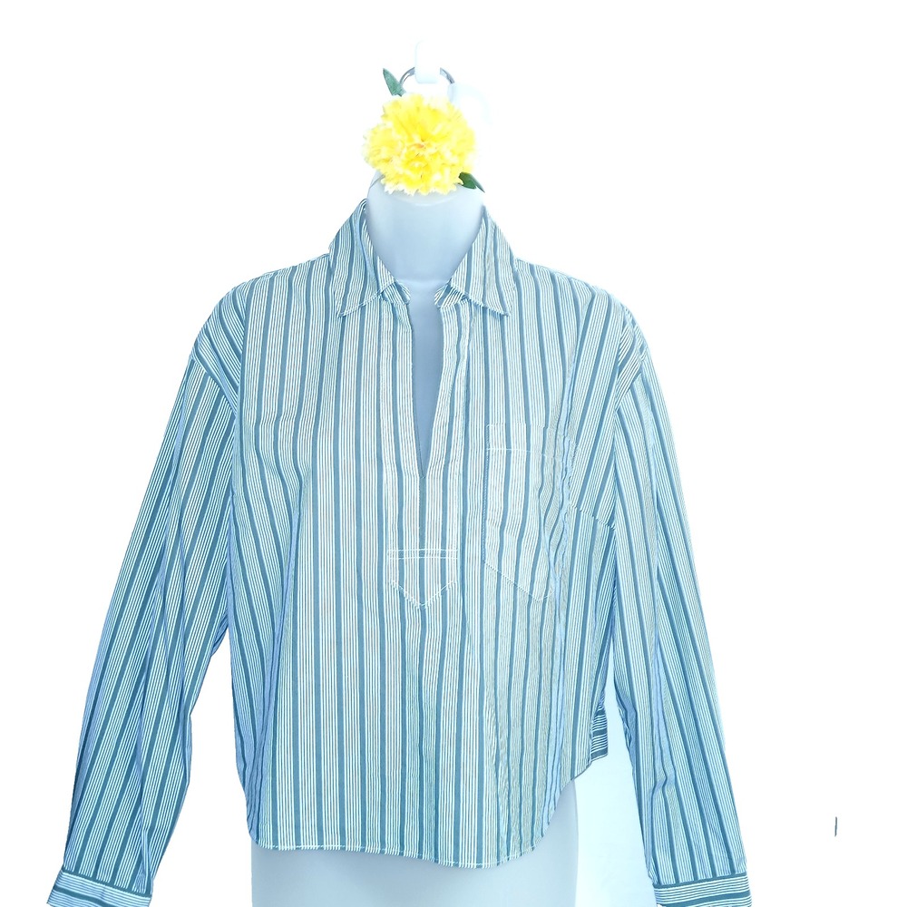Veronica Beard Khai Women Cotton Blend Crop Shirt Top 2 Blue Multi Striped Relax